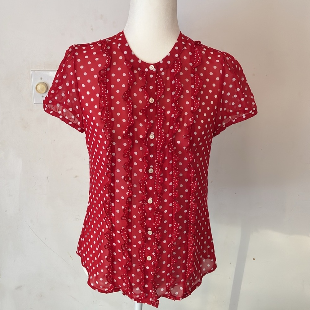 LOFT Red and White Polka Dot Ruffle Blouse